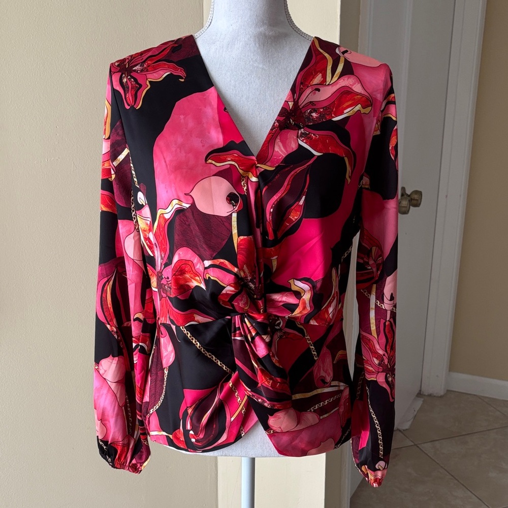 INC International Concepts Pink and Black Floral Blouse with Twist Design